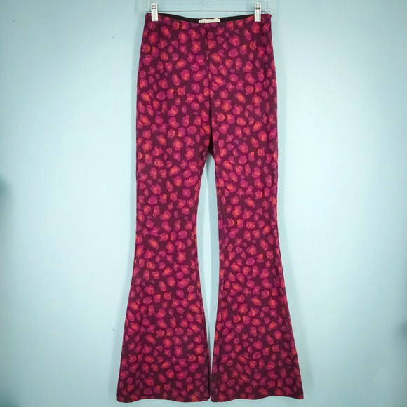 by Anthropologie Size XS Pink Print Pull On Wide Flare Bell Bottom Knit Pants - Picture 1 of 7